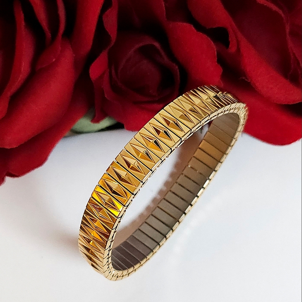 Vintage EDForce Gold Diamond Pattern Stainless Steel Stretch Bracelet Band